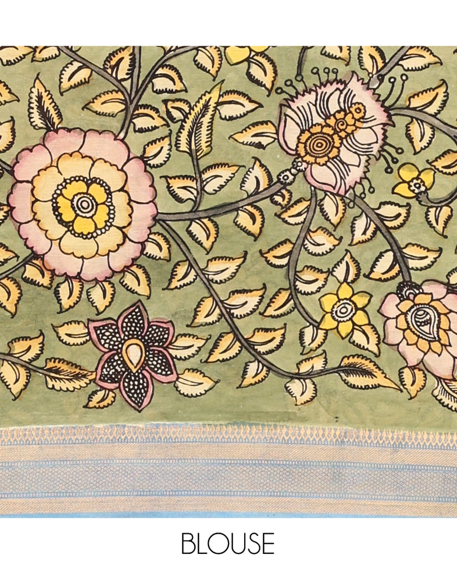 Yellow Kalamkari Silk Saree, Beautified with Ancient Human Figurines, a Contrast Traditional Zari Border, Pallu of Ancient Human Motifs, and a Contrast Blouse
