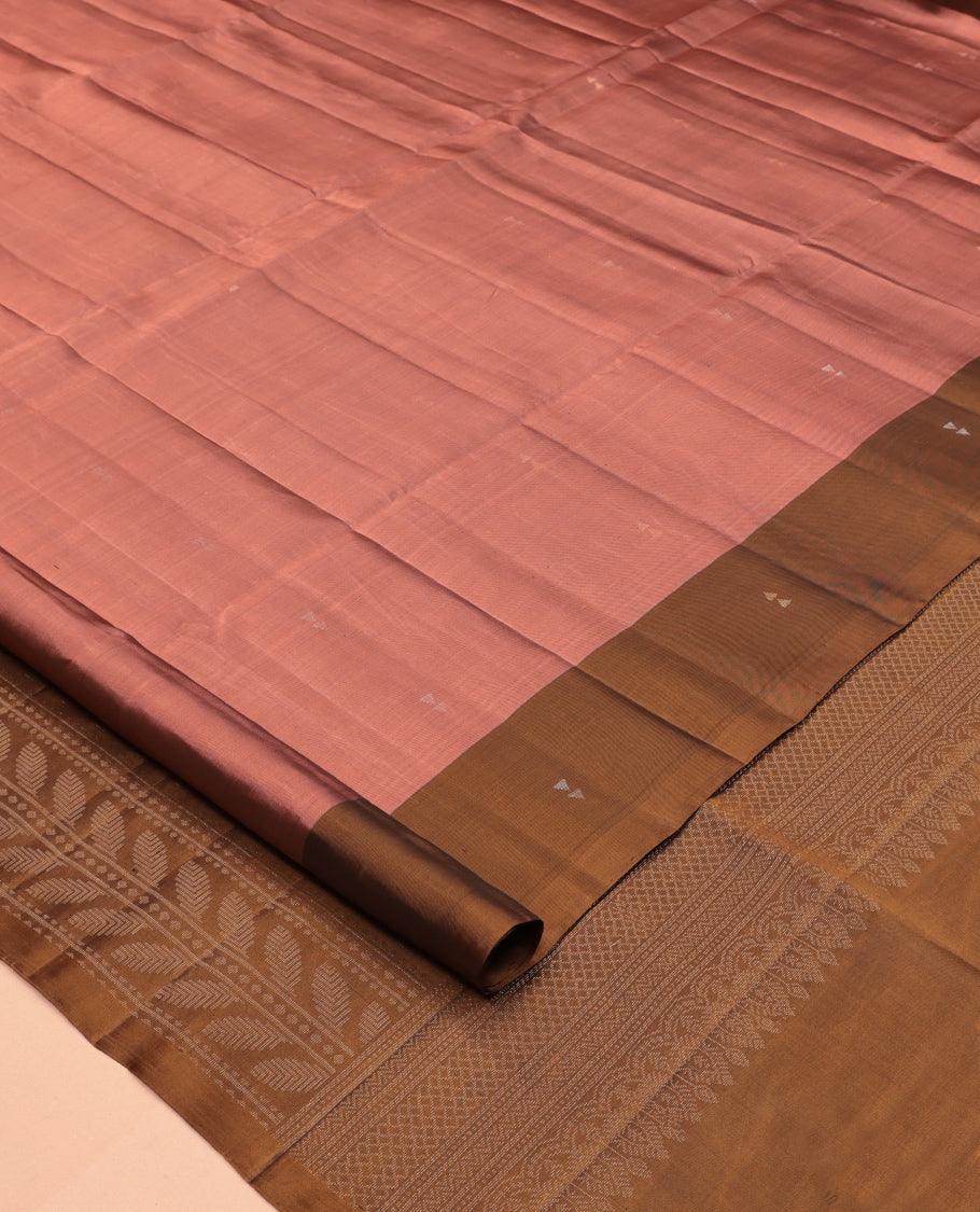 Peach Mayuri Lite Silk Mix Saree, Ornamented with Triangle Zari Buttas, Complemented By Contrast Border of Triangle Buttas, a Leaf Vine Pallu, and a Contrast Blouse