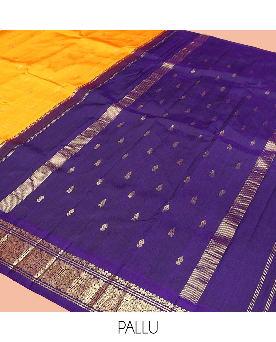 Yellow Kanchipuram Silk Saree, Sparsely Woven with Zari Buttas, Contrast Korvai Traditional Zari Border, Zari Design Pallu, and No Blouse