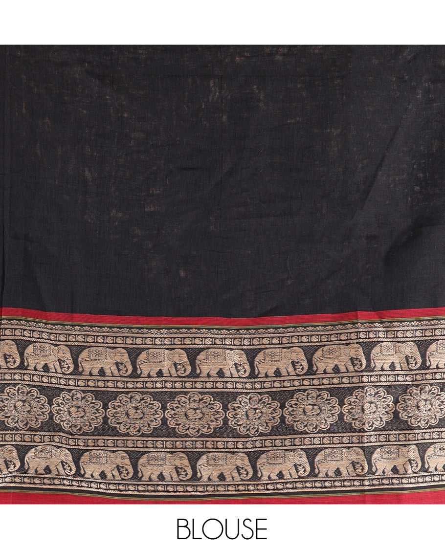Black Mercerised Cotton Half-Saree, Plain Skirt, an Elephant Motif Border, a Matching Blouse, Contrast Dhavani