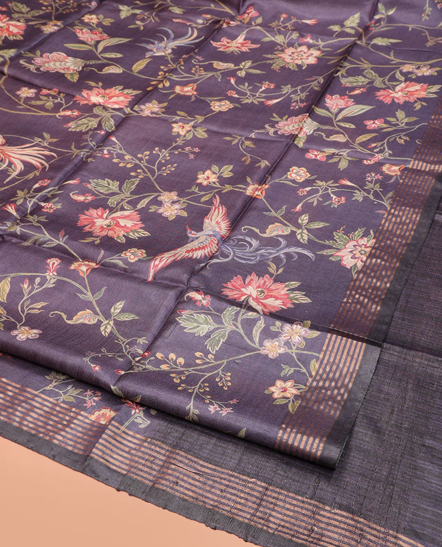 Grey Tussar Silk Saree, Bedecked with Floral-Bird Print, Highlighted by a Zari Border, Contrast Pallu, and a Matching Blouse