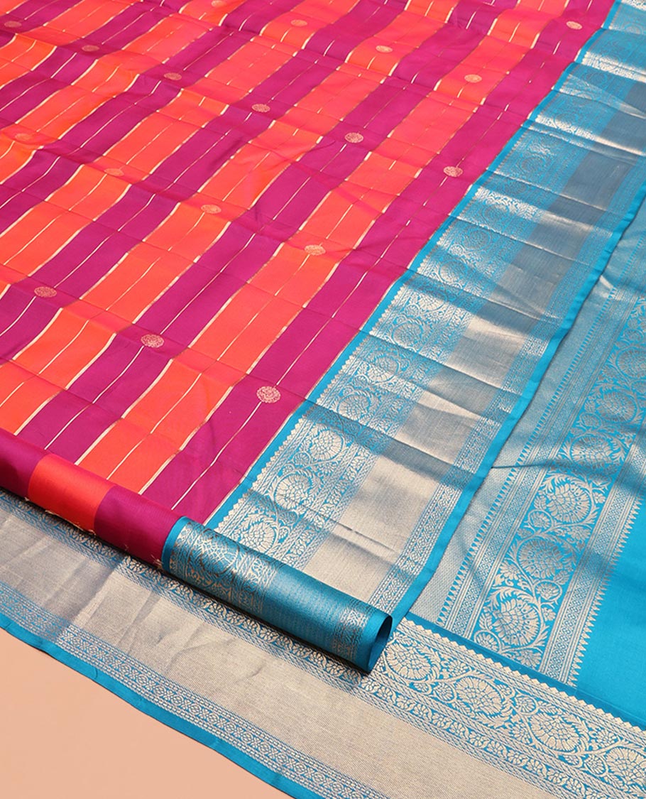 Orange-Pink Vasundhara Silk Saree, Mesmerized with Zari Buttas and Stripes, Contrast Border of Kodi Visiry Designs, Grand Pallu, and a Contrast Blouse