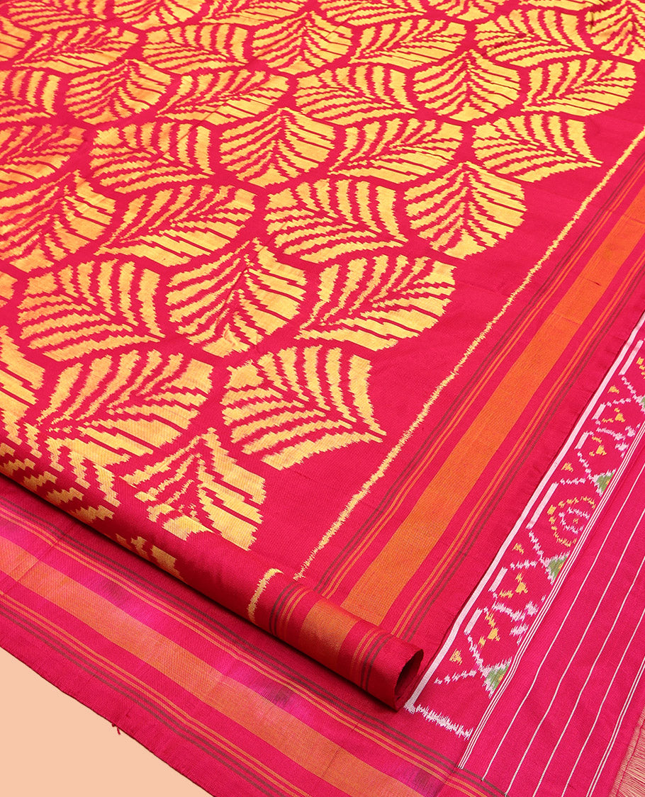 Red Pochampally Ikat Silk Saree, Adorned with Ikat Leaf Design, a Contrast Border, Ikat-Style Woven Pallu, and Matching Blouse
