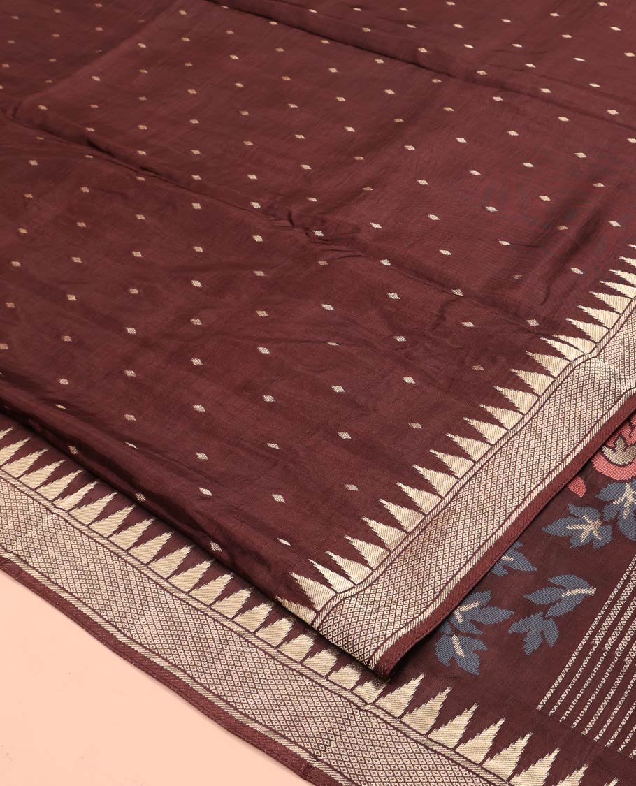 Coffee Brown HO-Silk Saree, Spotlighted with Diamond Buttas All Over Its Body, Highlighted by Temple Border, Complemented by Pallu Depicting Floral and Crane Motifs, Paired with a Matching Blouse