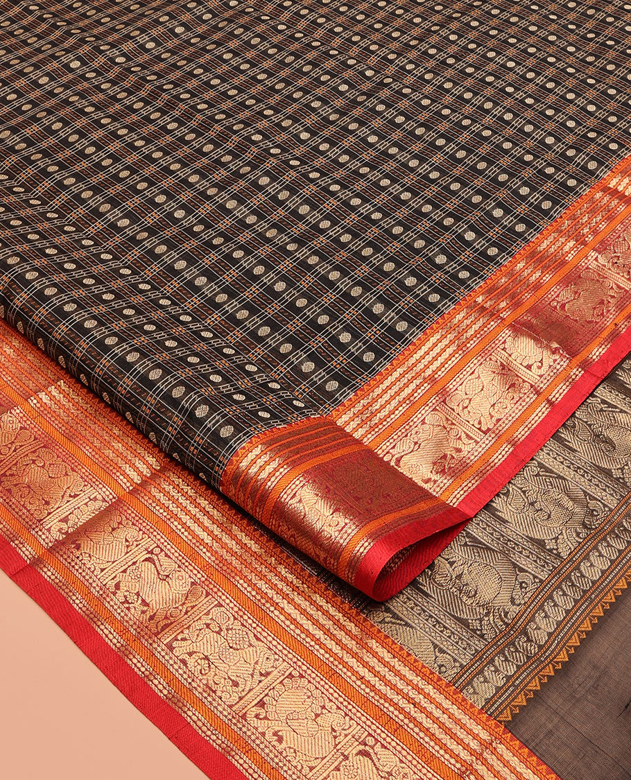 Green Buttas-Checked Kuppadam Silk Saree, a Contrast Peacock-Yazhi Border, Grand Pallu, a Matching Blouse