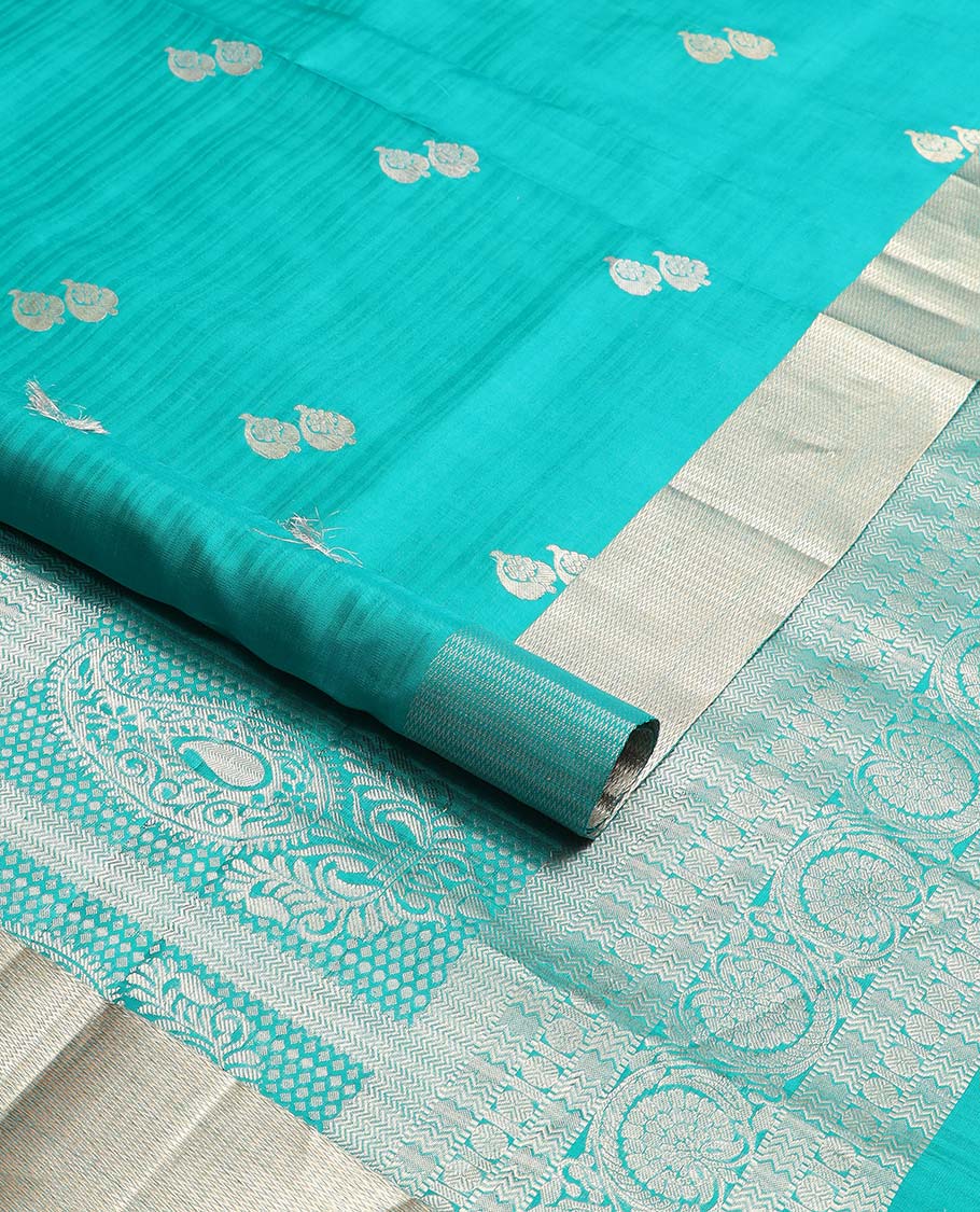 Sea blue floral design mayuri soft silk saree with contrast border & floral zari design pallu