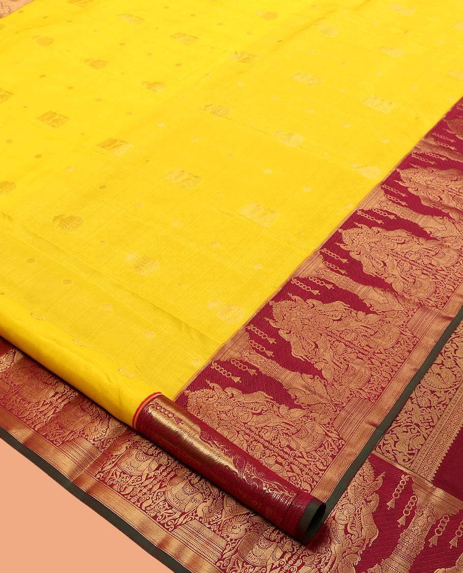Yellow Vasundhara Lite Silk Mix Saree, Sparsely Woven with Zari Buttas, Contrast Border of Divine and Mythological Animal Characters, Grand Pallu, and a Contrast Blouse