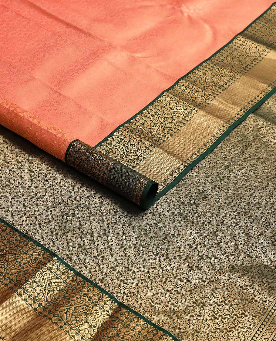 Peach floral design kancheepuram silk saree with contrast border of intricate zari design border & floral design pallu