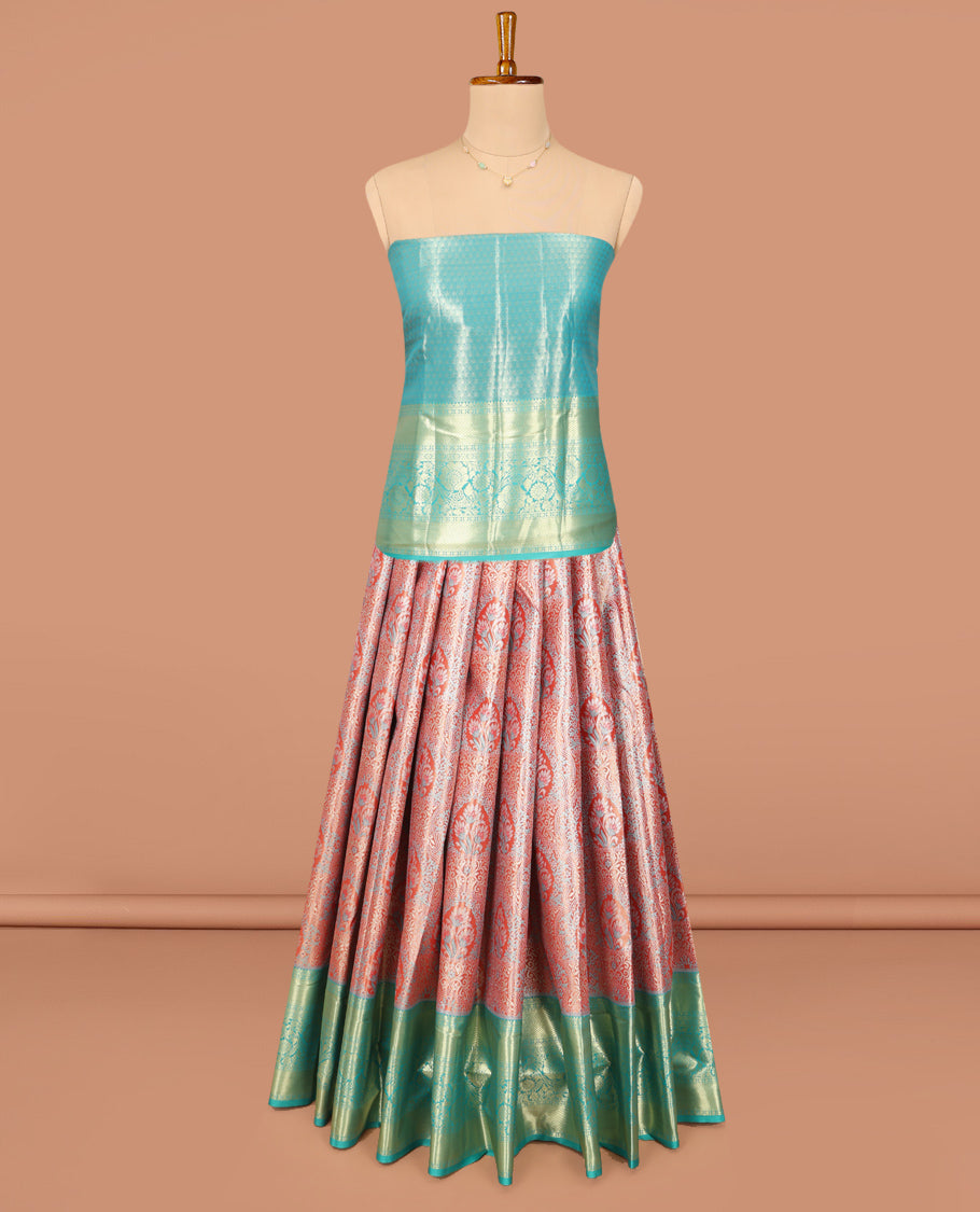 Orange Art Silk Material Half Saree Set, Bedecked with Jacquard Design Skirt, a Contrast Traditional Zari Border of Floral Creeper Designs, Contrast Zari-Jacquard Blouse, and a Dhavani of Paisley Designs