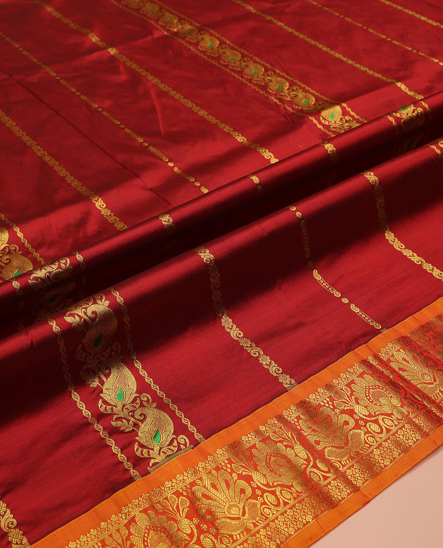 Red Pure Silk Half-Saree, Bedecked with Zari Designs on Its Body, Complemented by a Contrast Floral Zari Design Border, Complemented by a Contrast Blouse, and Paired with a Contrast Dhavani of Jaal Designs
