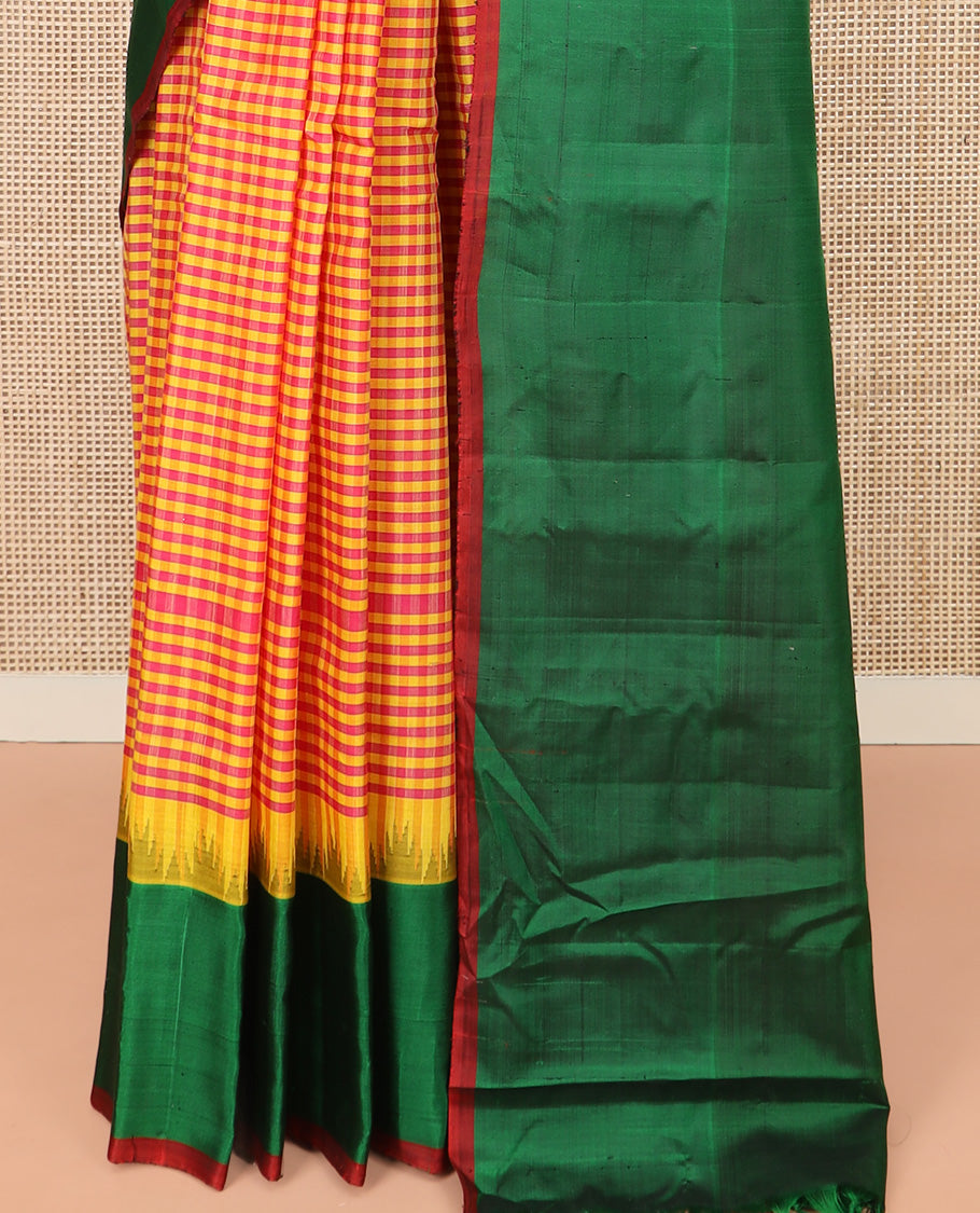 Multi-Color Micro-Checked Gadwal Saree Features a Captivating Contrast Temple Border, Sparsely Striped Pallu, and a Contrast Plain Blouse