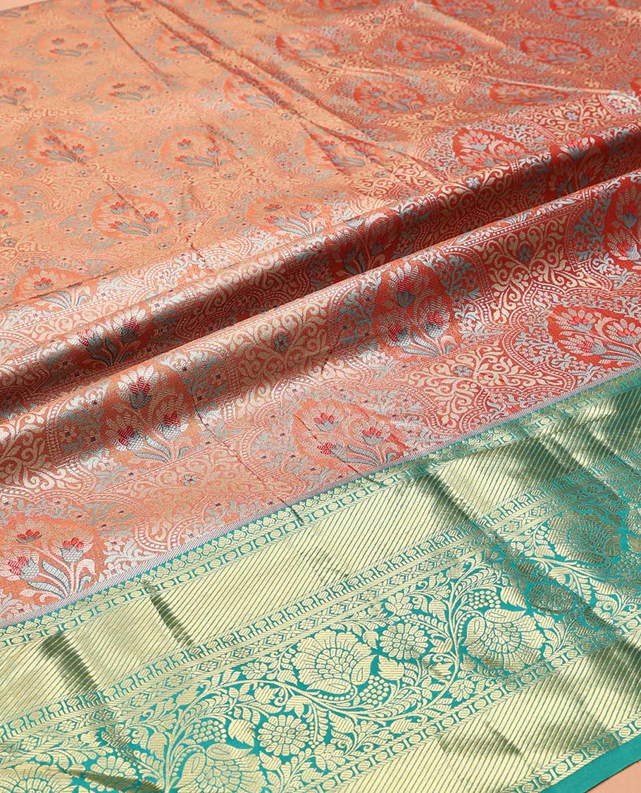 Orange Art Silk Material Half Saree Set, Bedecked with Jacquard Design Skirt, a Contrast Traditional Zari Border of Floral Creeper Designs, Contrast Zari-Jacquard Blouse, and a Dhavani of Paisley Designs