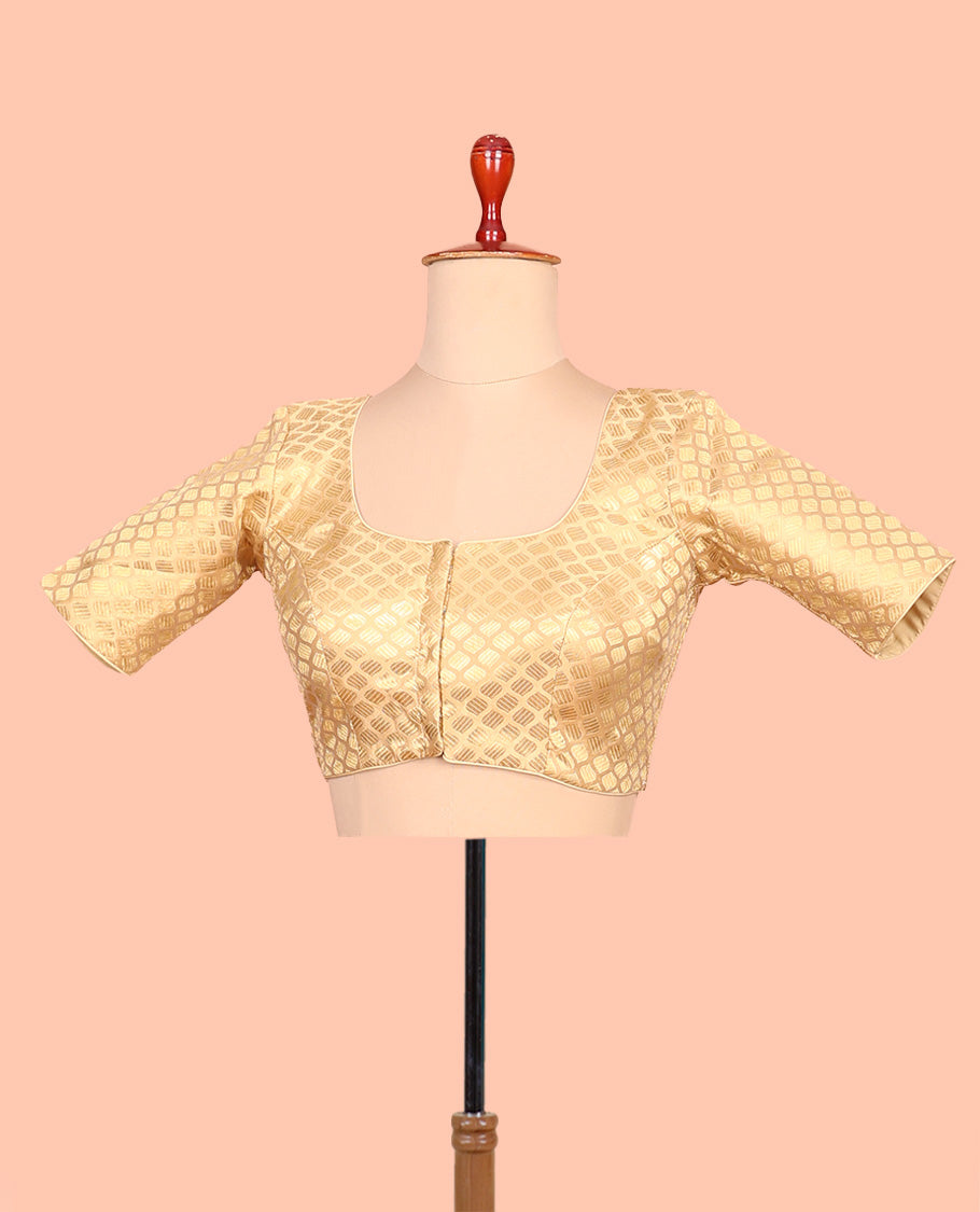 Gold ogee patterned front-back round neck elbow-sleeve readymade blouse