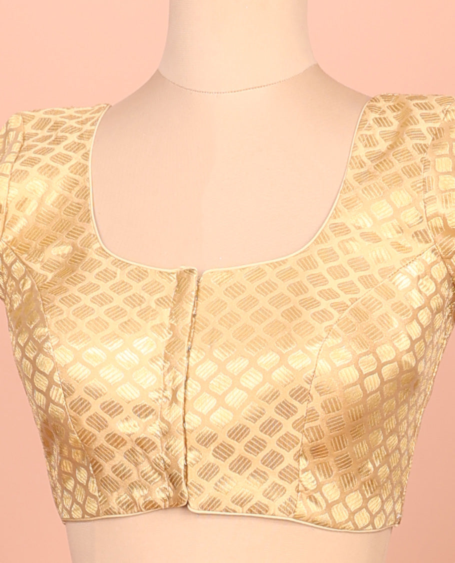 Gold ogee patterned front-back round neck elbow-sleeve readymade blouse