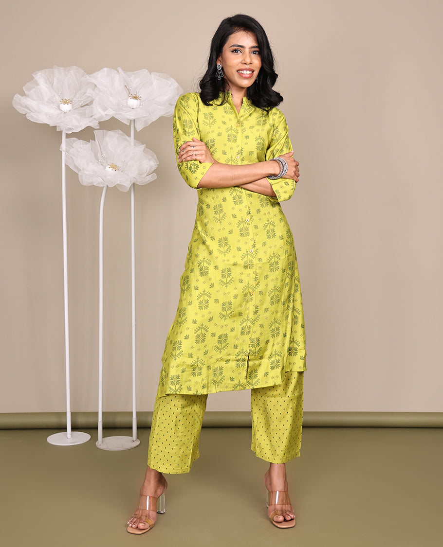 Green Cotton Ready-Made Suit, Featuring Jamdani-Style Prints, a Chinese Collar, 3/4 Sleeves, and Straight-Cut Top, Paired with Polka-Dot-Printed Straight-Cut Pants