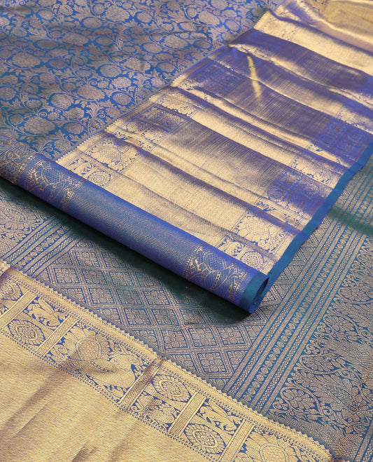 Blue floral jacquard samudrika silk saree with contrast intricate zari design border & floral zari design pallu