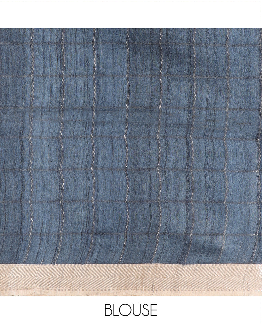 Blue ikkat chevorn design printed tussar silk saree, chevron striped border, and contrast striped pallu