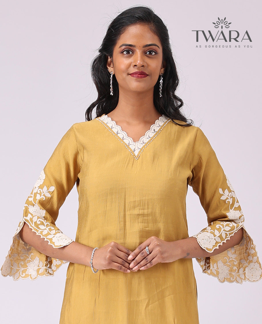 Twara Mustard florad thread embroidery v neck, knee length , 3/4 th sleeve kurti