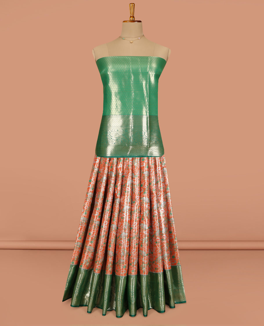Orange Art Silk Pavadai Material, Ornamented with Jacquard Design, Contrast Traditional Zari Design Border, and a Contrast Jacquard Blouse