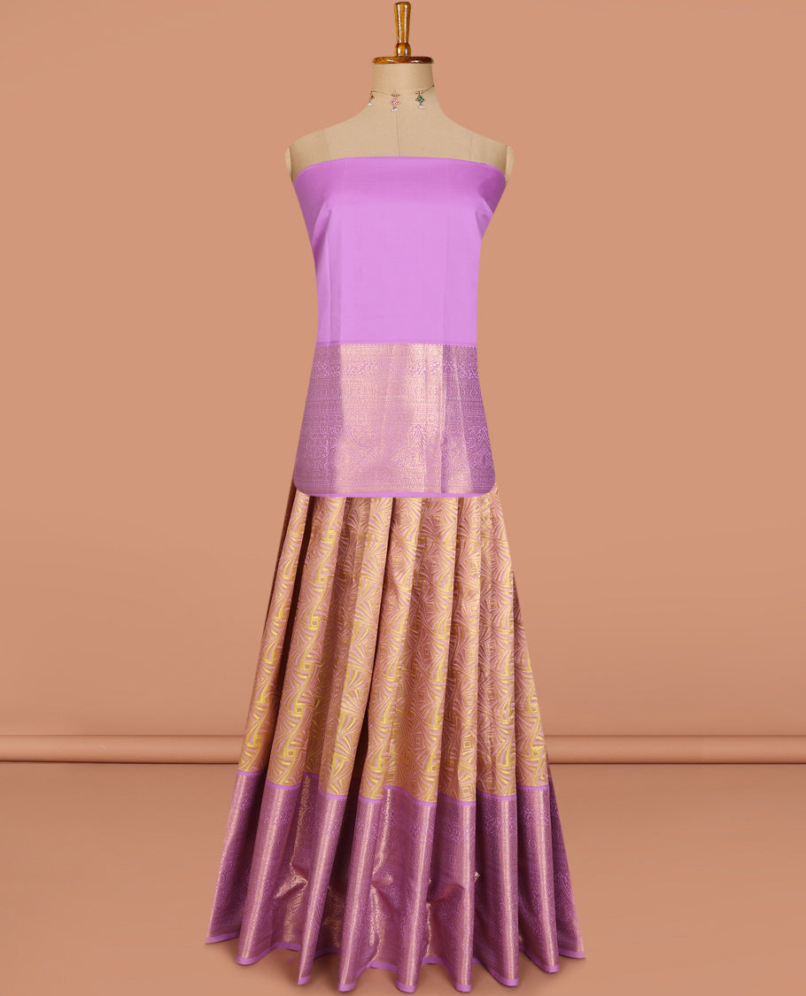 Yellow jacquard pure-mix half-saree, contrast border of traditional zari designs, zari design blouse & dhavani
