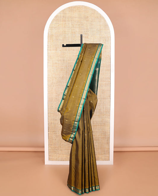 Brown buttas kancheepuram silk saree with contrast floral design border & jaal design pallu