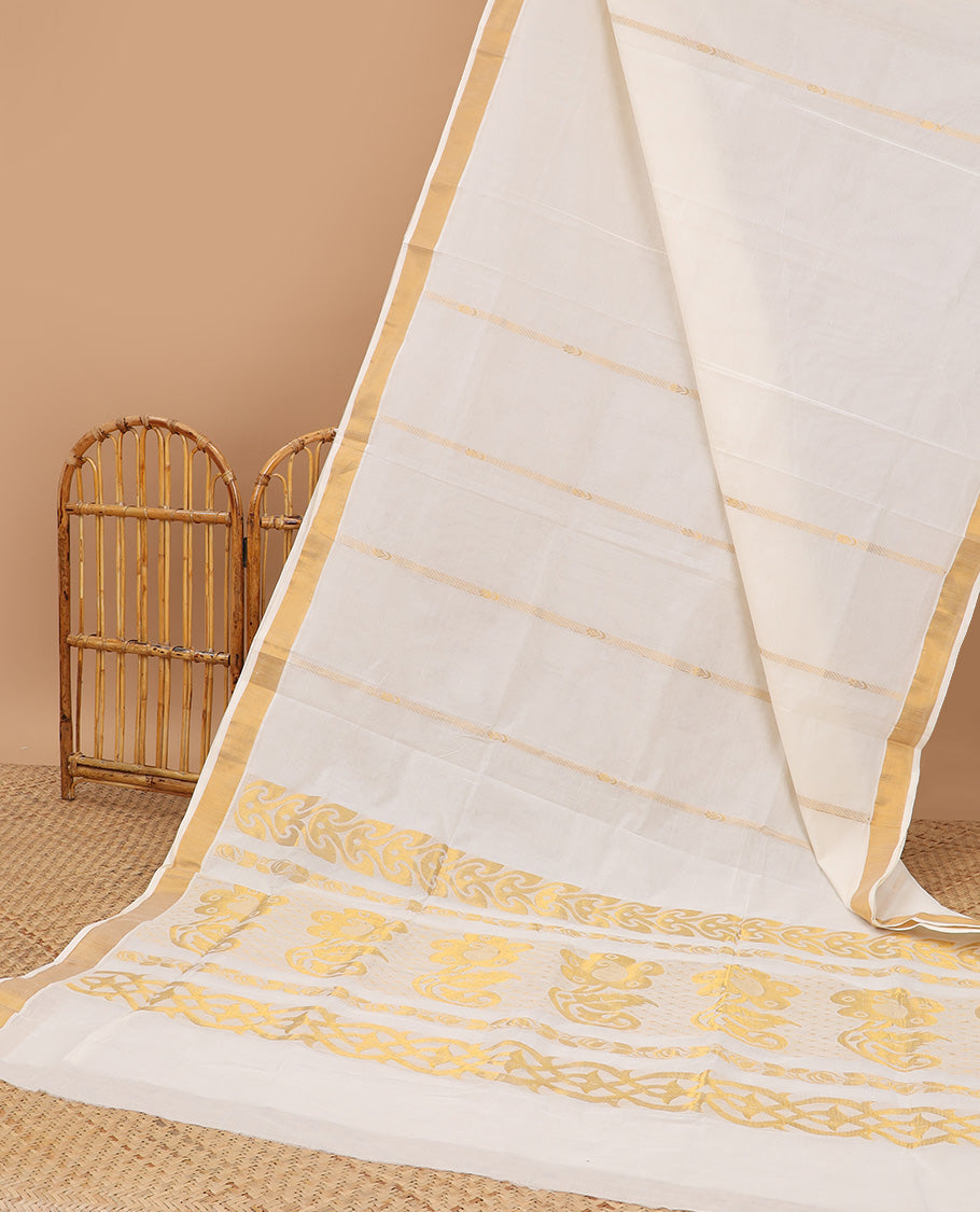 Cream kerala saree with zari stripes, zari border & pallu of floral designs