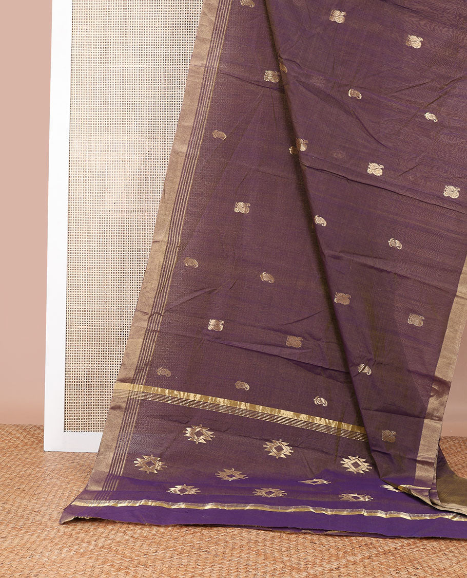 Violet floral, animal motifs chanderi cotton saree with self zari border & geometric design pallu