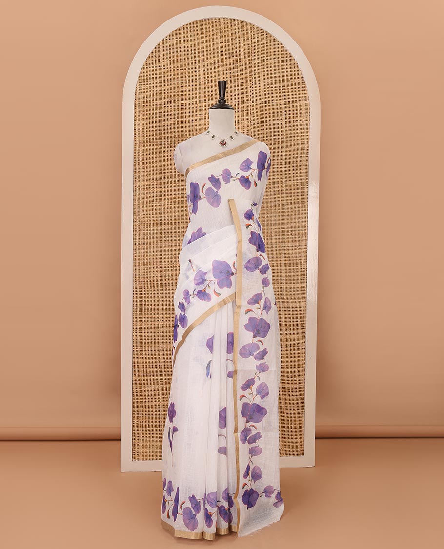 White-base violet color floral creeper printed linen saree, zari piping border, floral creeper print pallu & floral print blouse