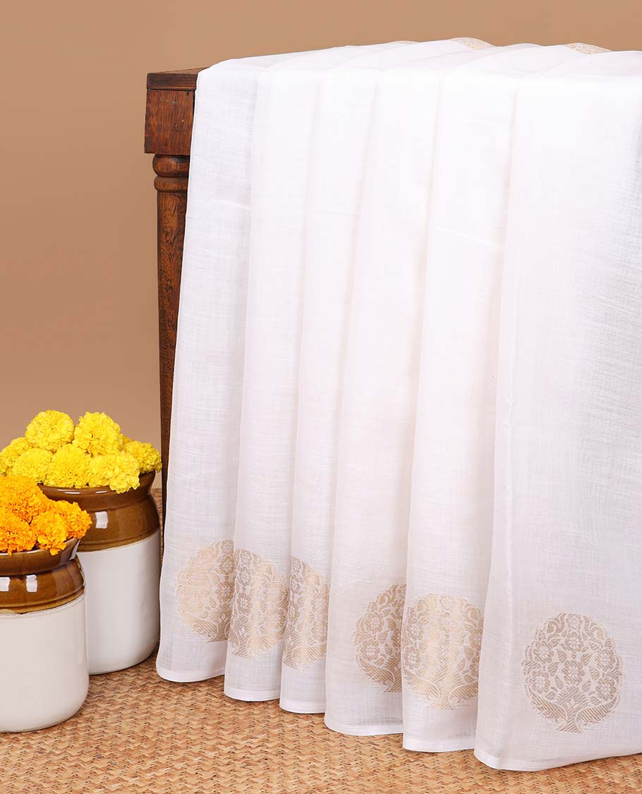 white jacquard buttas pure linen saree with self mirror work border