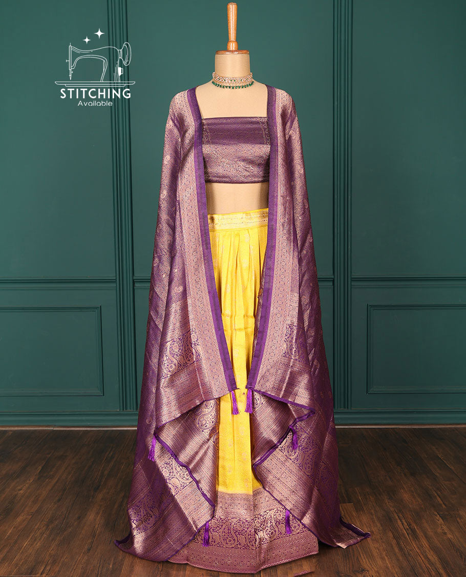 Yellow jacquard art-silk half-saree, contrast traditional zari design border, stonework blouse & intricate dupatta