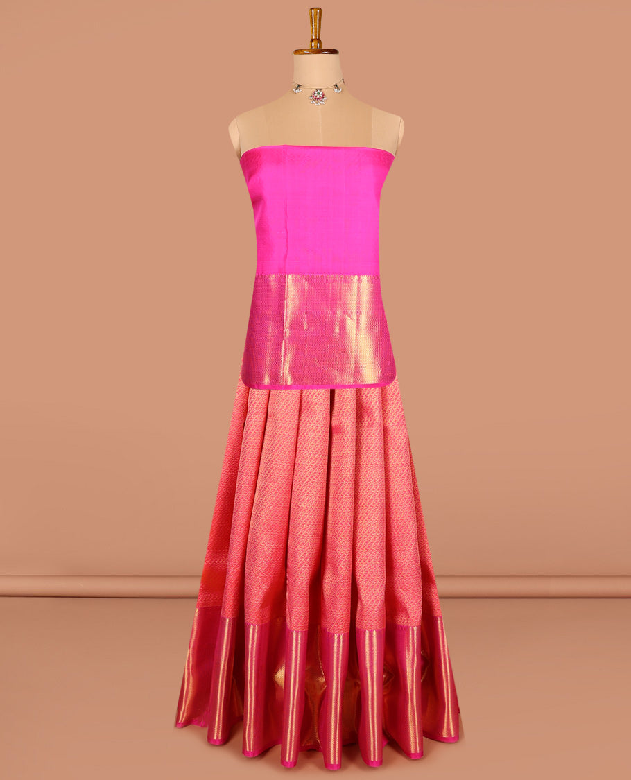 Red pure silk half-saree, jacquard skirt, contrast border of thilakam, mayil kann and vanki designs, and contrast zari design blouse, and jaal dhavani
