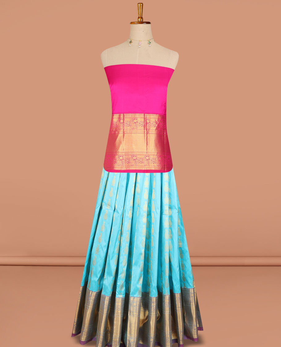 Blue leaf buttas pure silk half saree with contrast intricate zari design border, zari design blouse & floral zari design dhavani