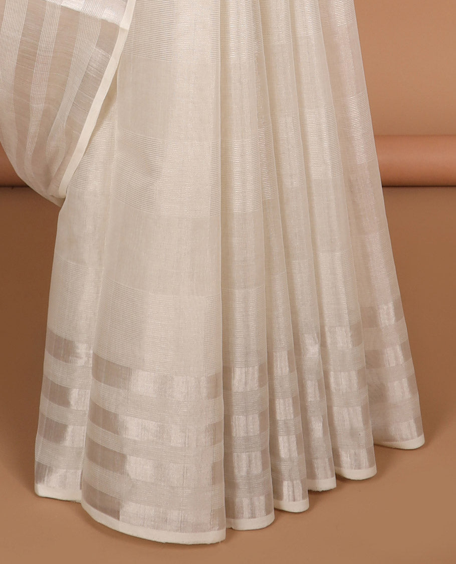 Borderless striped kasavu saree with silver zari striped pallu