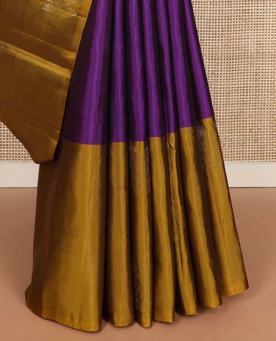 Purple Annam chakram buttas silk mix saree, contrast zari buttas border & pallu of kodi visiry & jaal designs