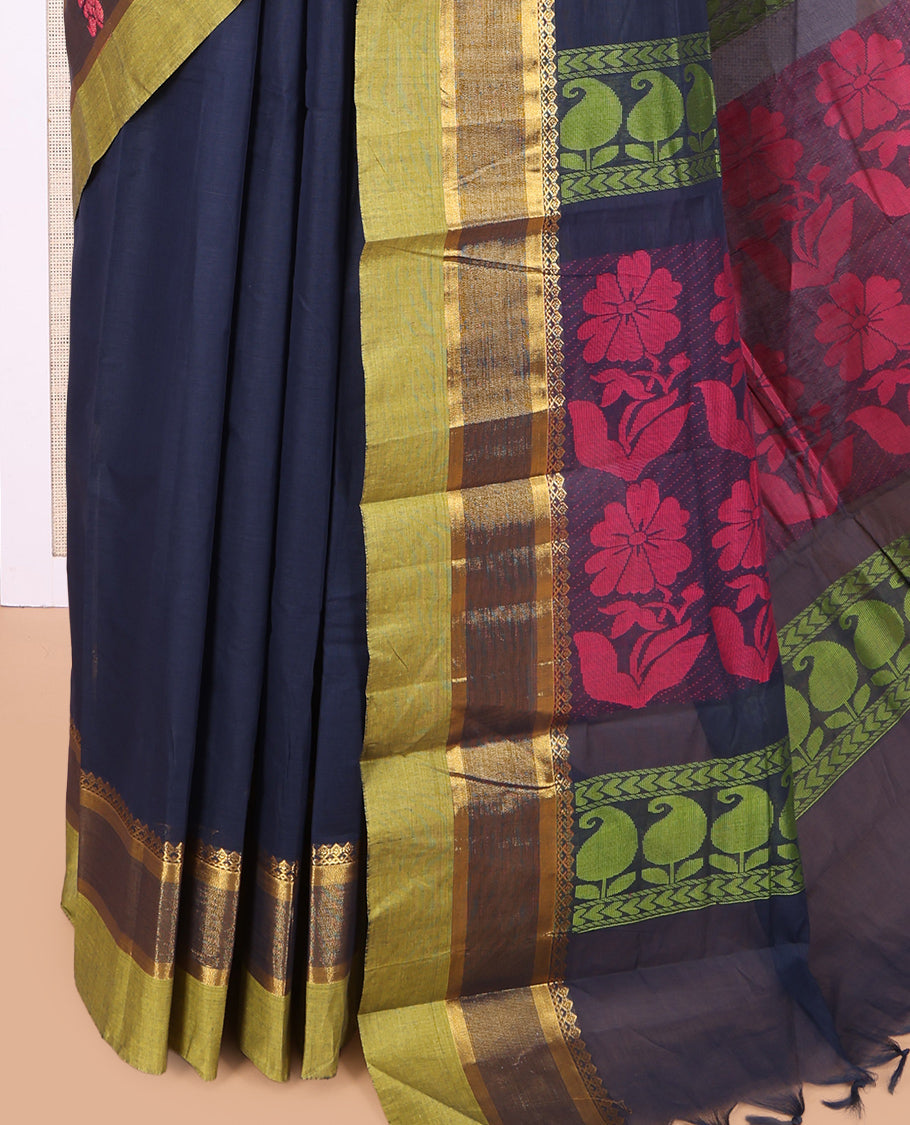 Navy Blue Plain Kanchi Cotton Saree