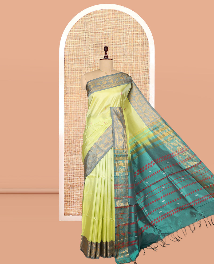 Green Banana Pith Saree, Subtly Woven with Thread Buttas, a Contrast Traditional Zari Border, Pallu of Stripes and Buttas, and a Contrast Blouse