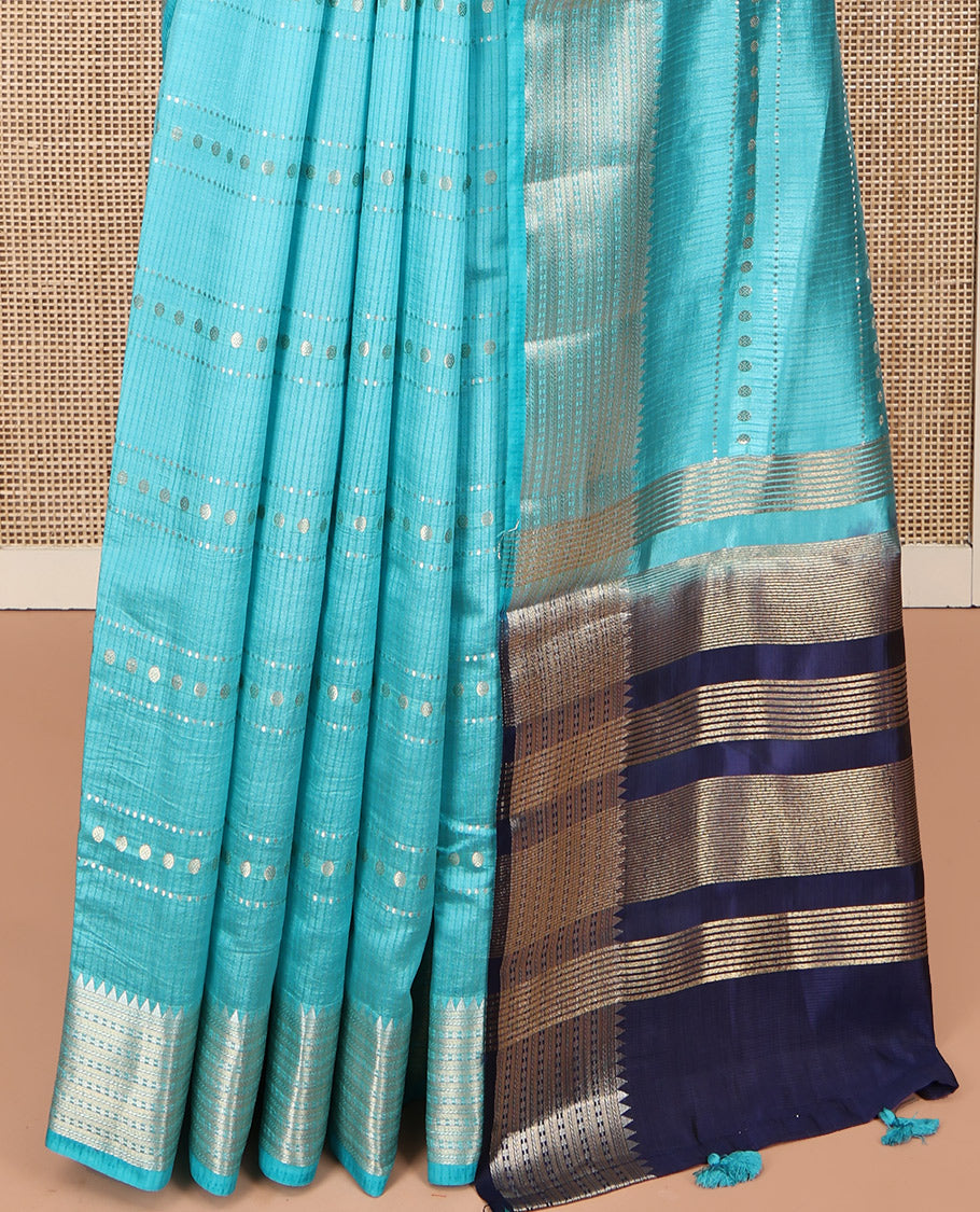 Blue Semi-Banaras Dupion Saree, Finely Crafted with Buttas and Stripes, Traditional Border, Complemented by Contrast Zari Striped Pallu, and a Contrast Blouse
