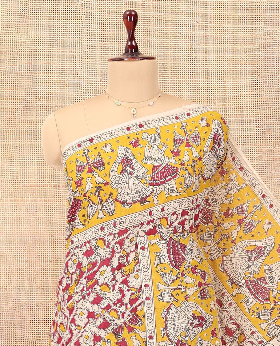 Red Kalamkari Cotton Saree, Adorned with Floral Vine Print, Contrast Printed Border, Kalamkari Peacock Motifs Pallu, and a Contrast Blouse