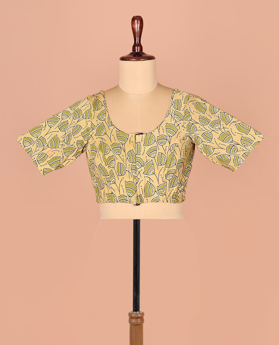 Pale Yellow Readymade Blouse Embellished with Lotus Motifs Print, Featuring Front Round Neck, Back Round Neck, and Elbow Sleeves