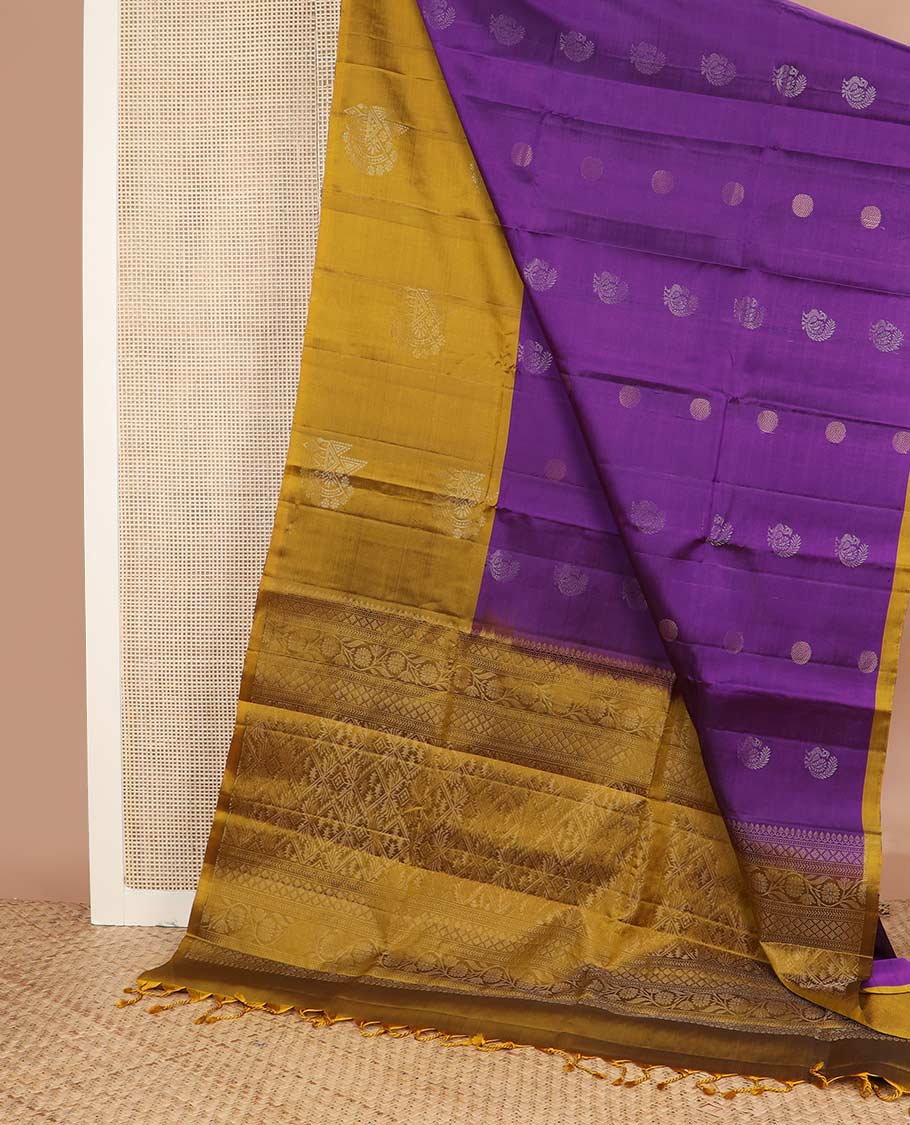 Purple Annam chakram buttas silk mix saree, contrast zari buttas border & pallu of kodi visiry & jaal designs