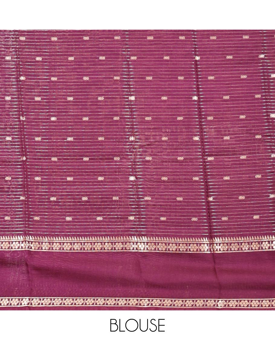 Peach Assam Silk Saree, Detailed with Buttas and Stripes, Traditional Zari Border, Zari-Design Pallu, and a Contrast Blouse