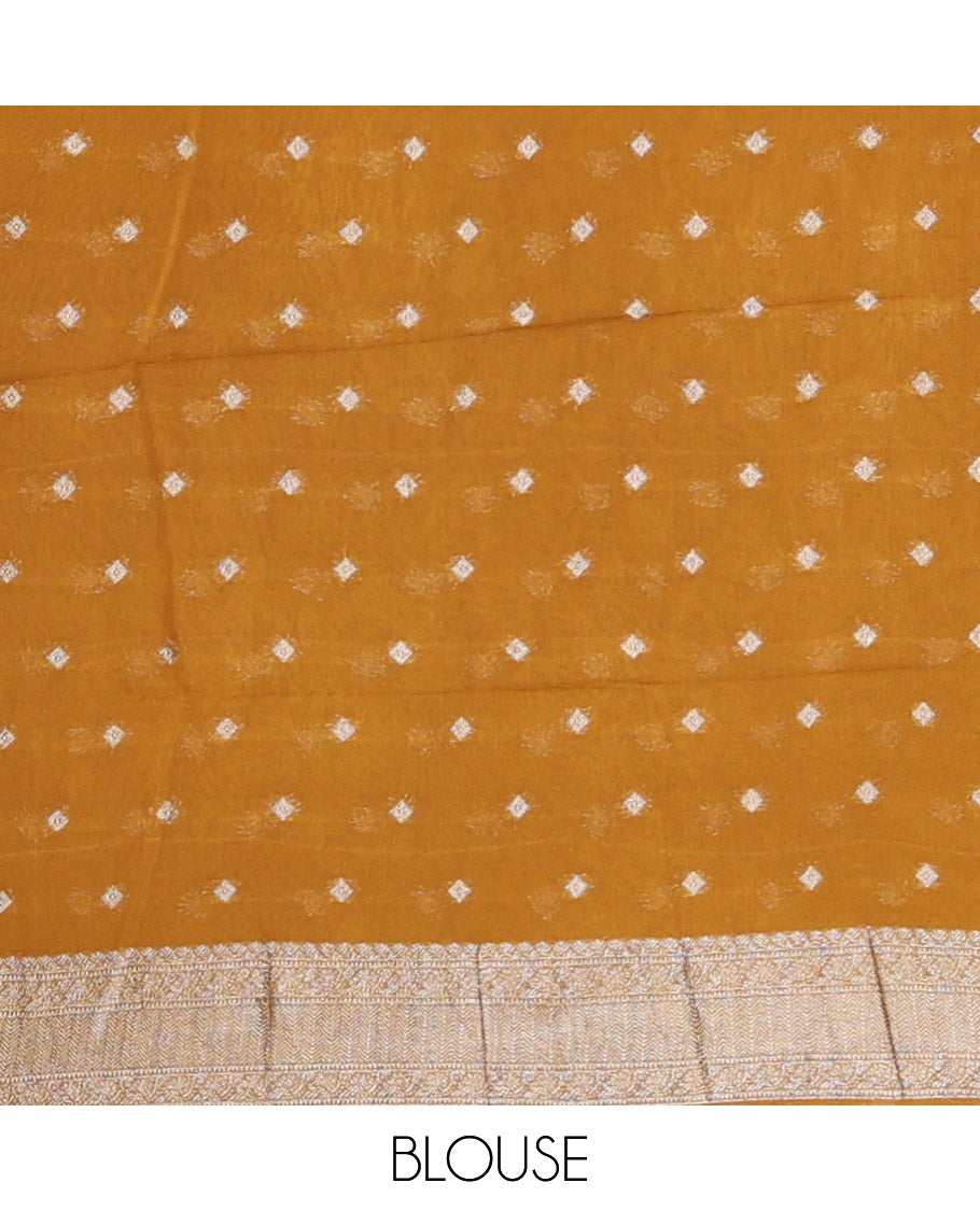 Mustard Georgette Saree, Adorned with Buttas and Stripes, Highlighted by a Traditional Border, Intricately Designed Pallu, and a Matching Blouse