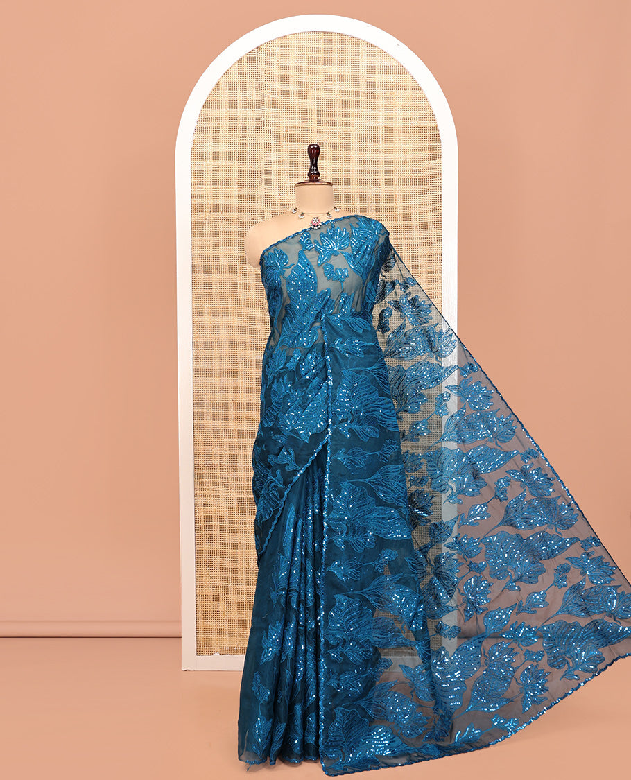 Blue Organza Saree, Beautifully Bedecked with Floral Sequins-Thread Embroidery, Scallop-Embroidered Border, and a Matching Blouse