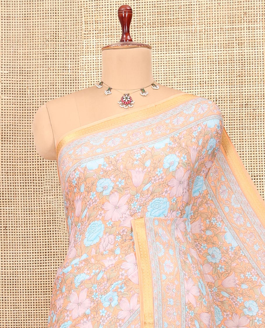 Pale Orange Printed Silk Saree, Embellished with Floral Print, a Zari Border, Floral Printed Pallu, and a Matching Blouse