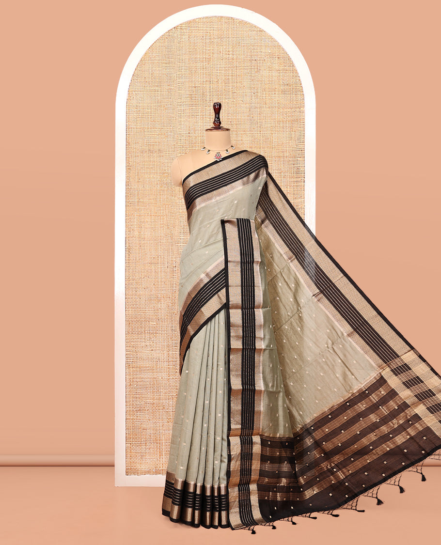 Light Grey Assam Silk Saree, Sparsely Woven with Zari Buttas, Complemented by a Contrast Traditional Zari Border, Zari Design Pallu, and a Contrast Blouse