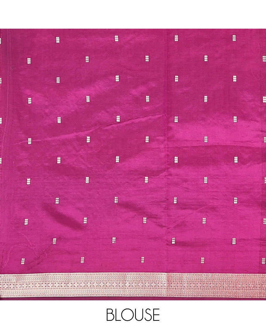 Pink Dupion Silk Saree, Bedecked with Zari Stripes, Highlighted by a Traditional Zari Design Border, Contrast Pallu of Geometric Design, and a Contrast Blouse