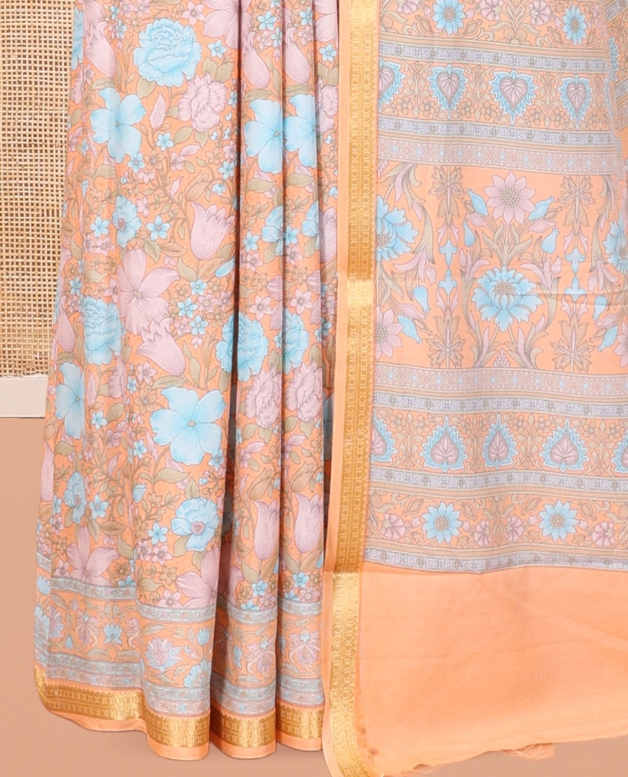 Pale Orange Printed Silk Saree, Embellished with Floral Print, a Zari Border, Floral Printed Pallu, and a Matching Blouse