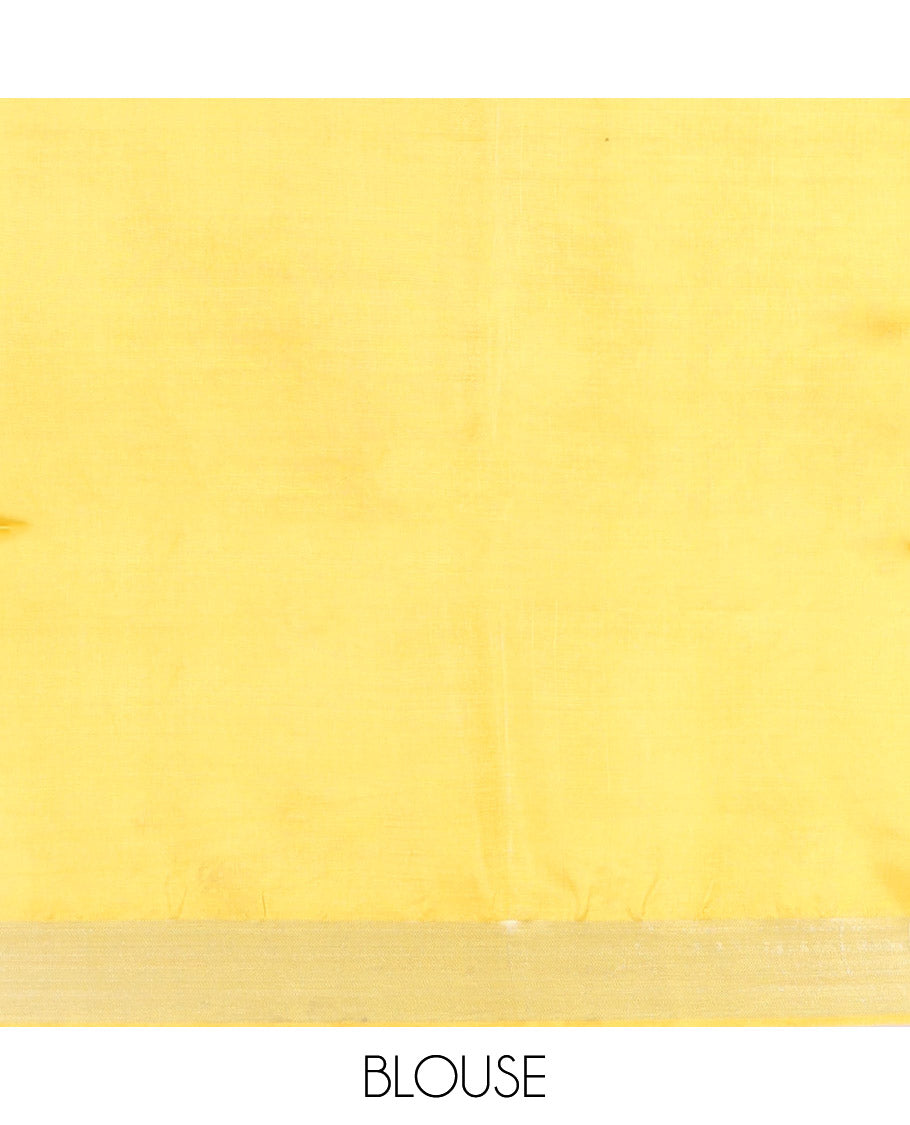 Yellow Banana Pith Saree, Adorned with Buttas, a Zari Border, Striped Pallu, and Matching Blouse