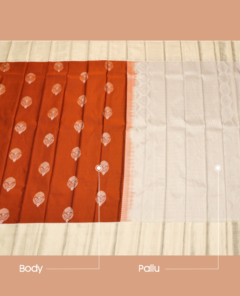 Rust Budget Silk Saree, Ornamented with Zari Buttas, Complemented by a Contrast Traditional Border, Sparsely Woven Pallu, and a Contrast Blouse