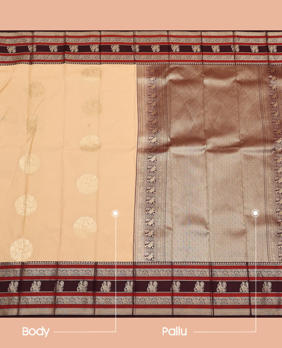 Sandal Budget Silk Saree, Subtly Sparkled with Round Zari Buttas All Over Its Body, Complemented by Contrast Traditional Zari Designs Woven Border, Grand Jaal Pallu and Paired with a Contrast Blouse